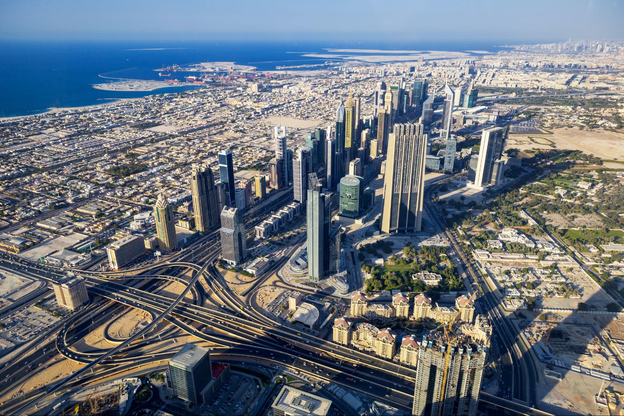 Ariel view of Dubai showing all real estate buildings.
