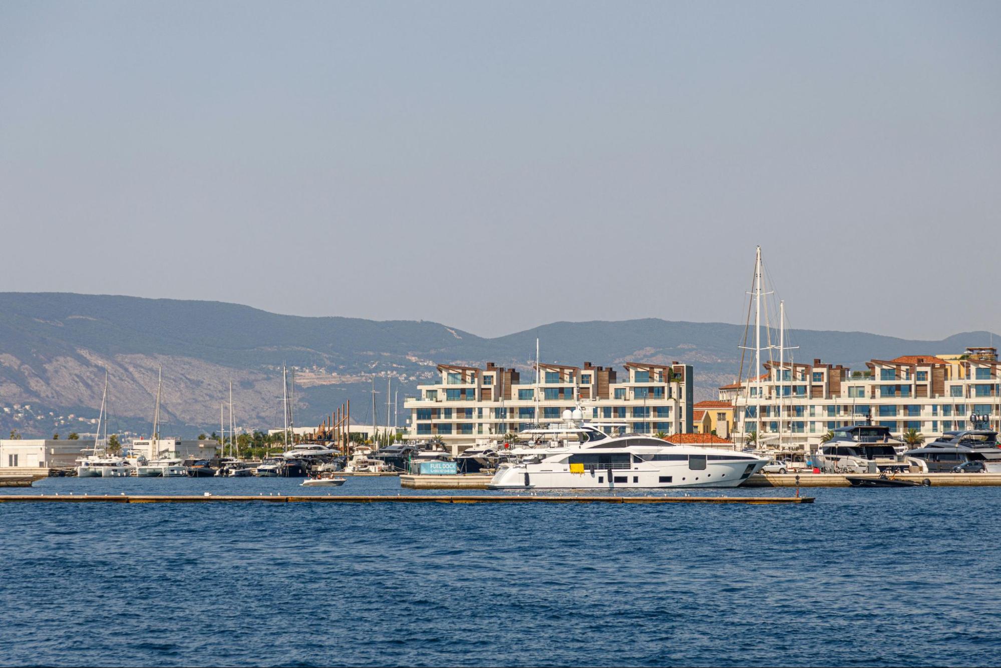 Wide-angle shot of the properties along the coast in Tivat, Montenegro.