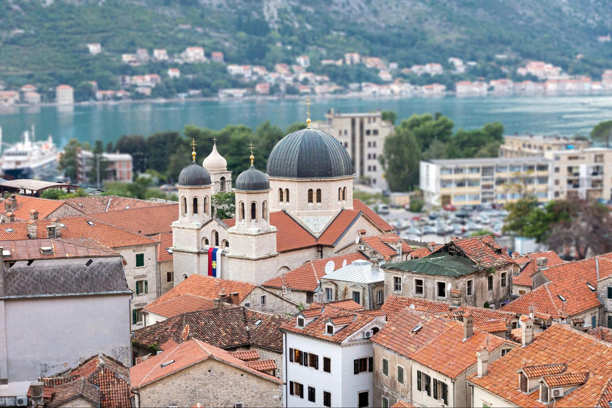 View of red-bricked rooftops in Old Town Kotor, Montenegro.