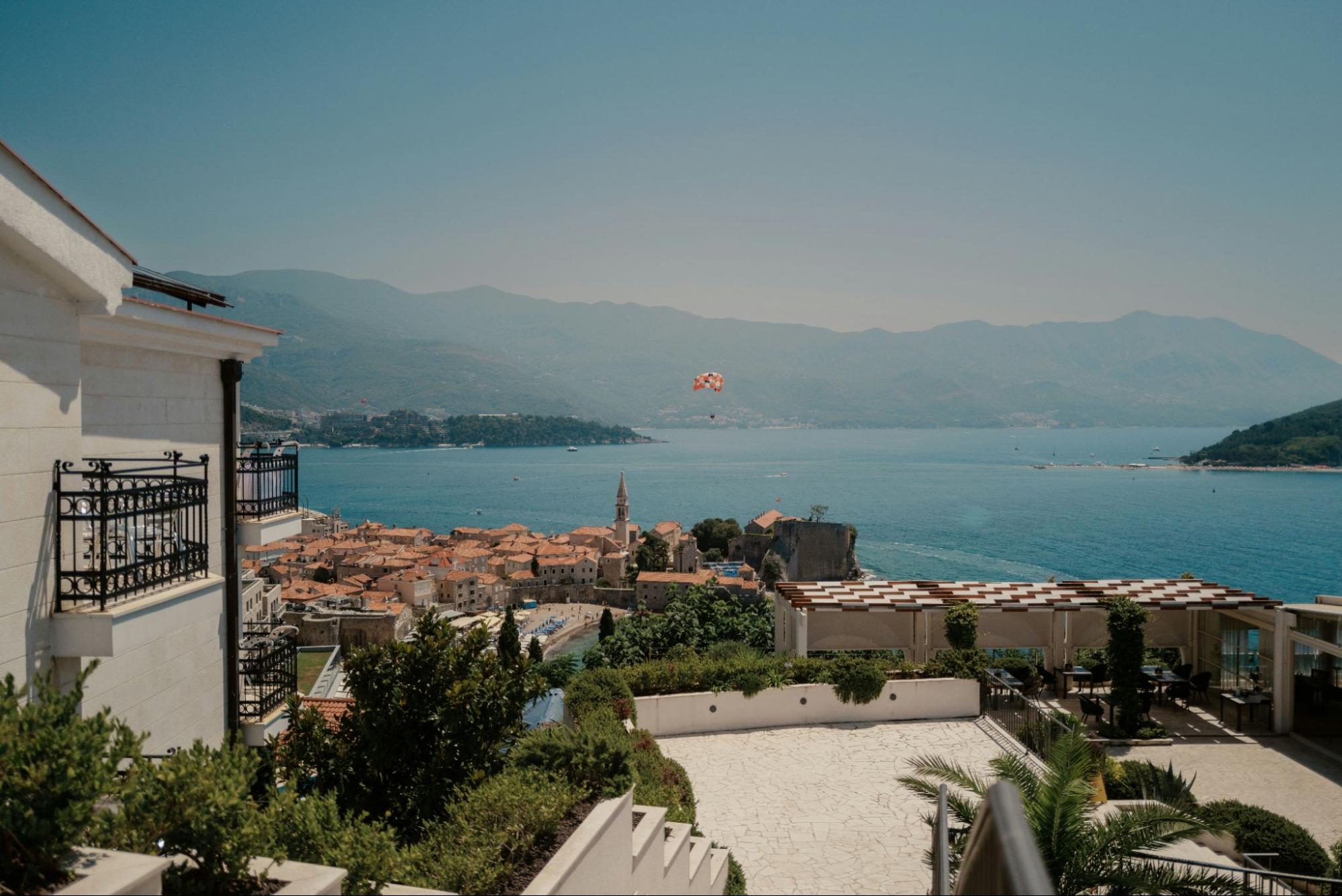 Beautiful view of the sea and houses from a rooftop in Budva, Montenegro.