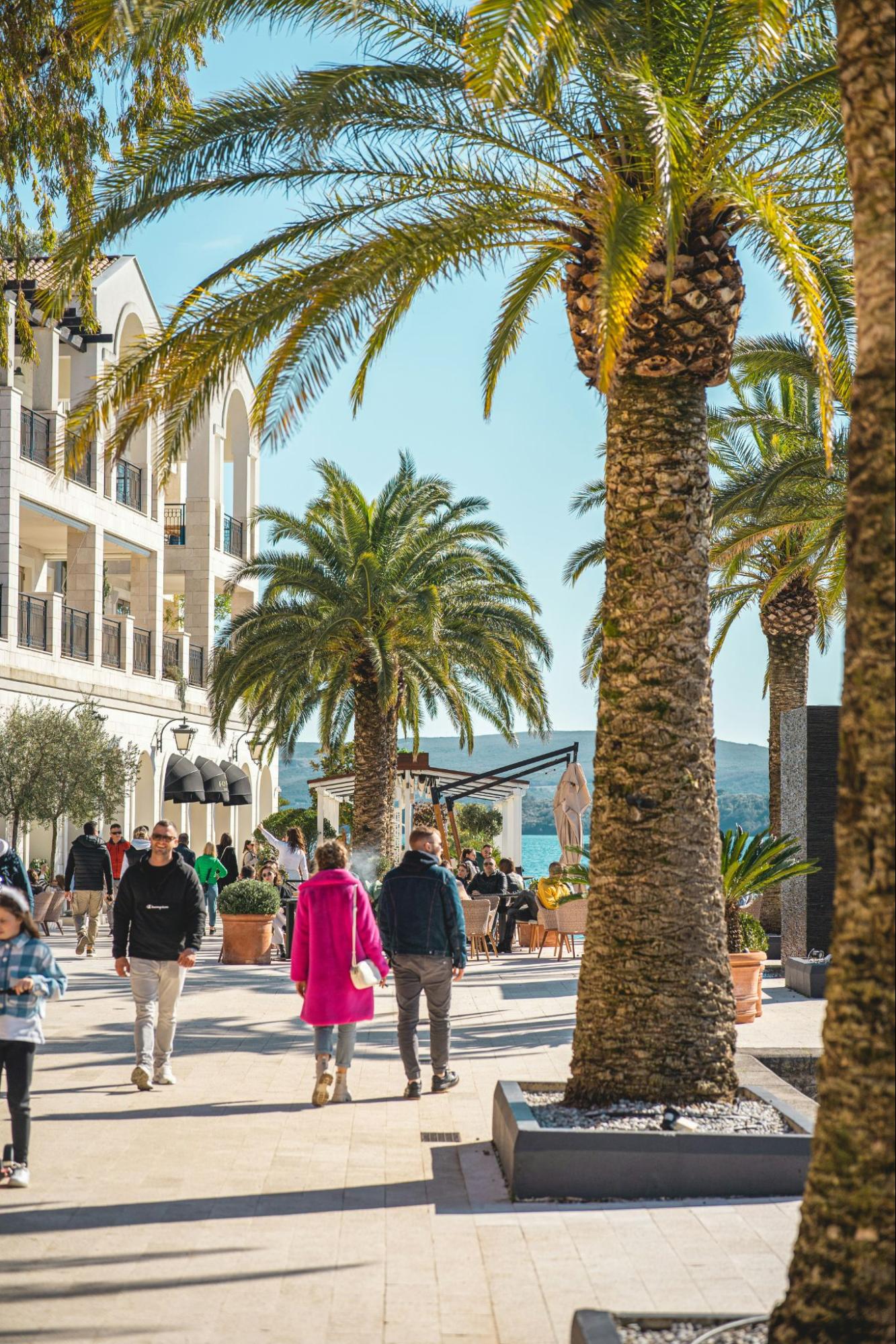 Tourists roaming around the streets of Tivat, Montenegro.