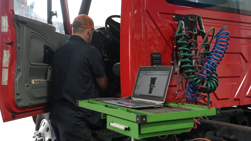 Technician diagnosing a red semi-truck with a laptop connected beside the cab inside a repair facility.