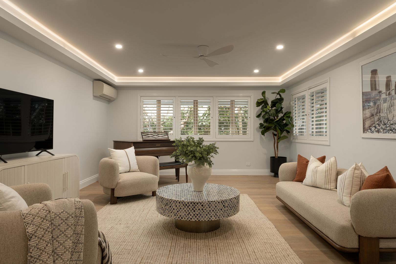 Downstairs living room in a neutral palette 