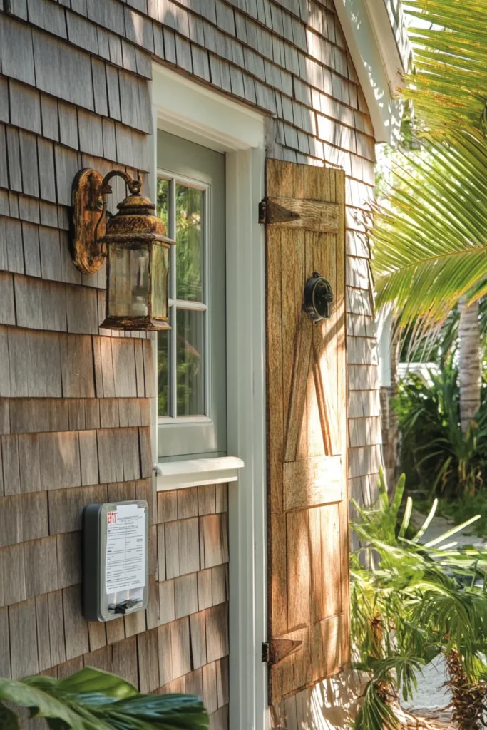 Coastal home materials showing salt-weathered timber and corroded metal finishes