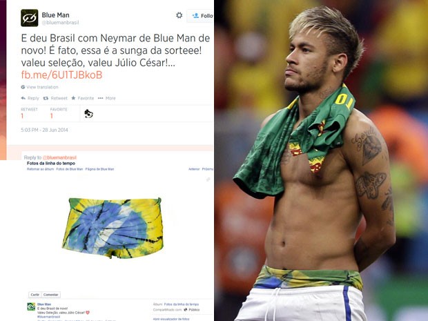 Blue Man comemorou gesto de Neymar e divulgou a peçaa como 'a sunga da sorte' do jogador (Foto: Reprodução Twitter e Facebook e foto da AP)