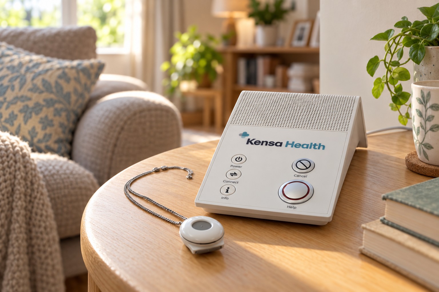 Kensa Health home alarm and wearable pendant on a living room side table.