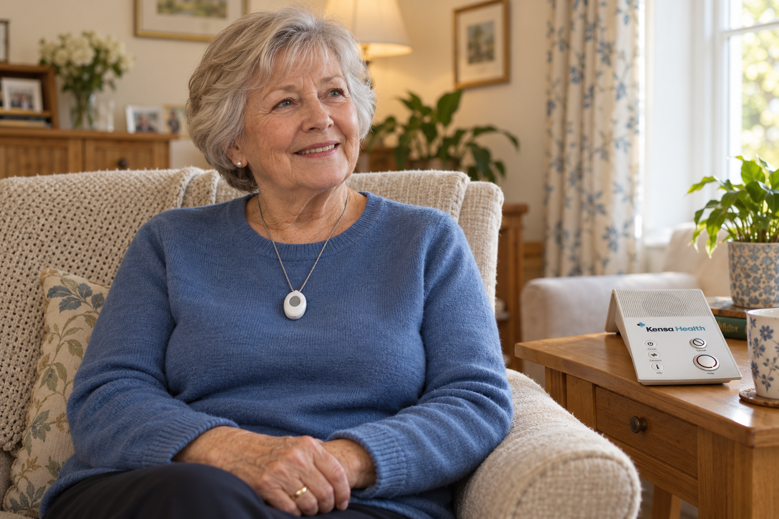 A woman wearing a personal alarm pendant at home, with a Kensa Health alarm beside her.