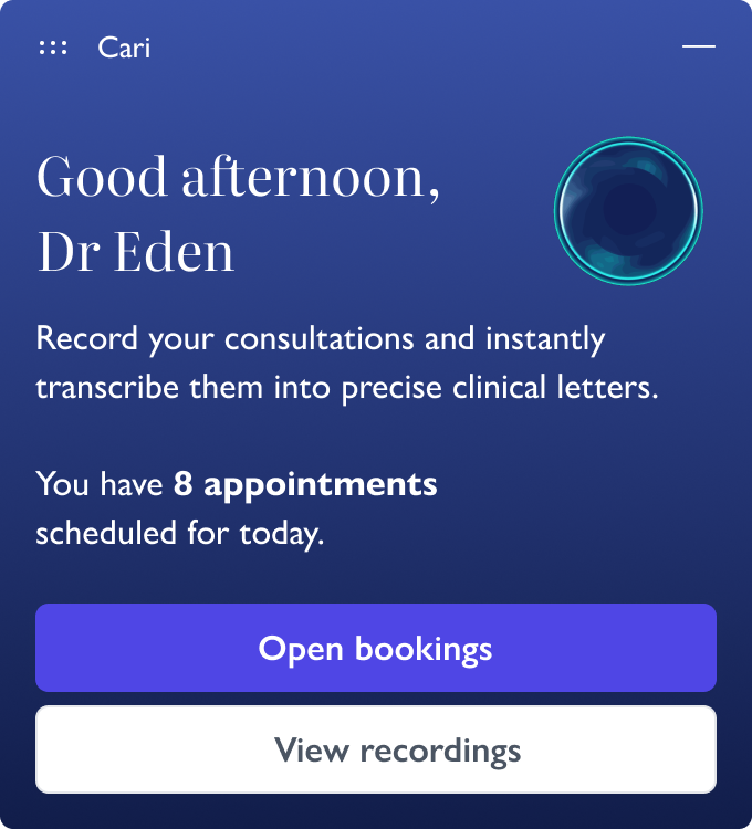 User interface greeting Dr Eden with a summary of 8 appointments scheduled today, buttons for opening bookings and viewing recordings.