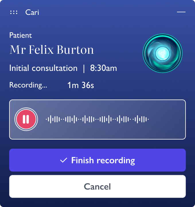 Audio recording interface showing a consultation recording for patient Mr Felix Burton, with a timer at 1 minute 36 seconds, pause button, and options to finish recording or cancel.
