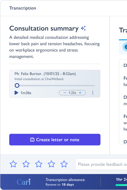 Medical consultation summary screen showing details of a session addressing lower back pain and tension headaches, with audio playback controls and a button to create a letter or note.