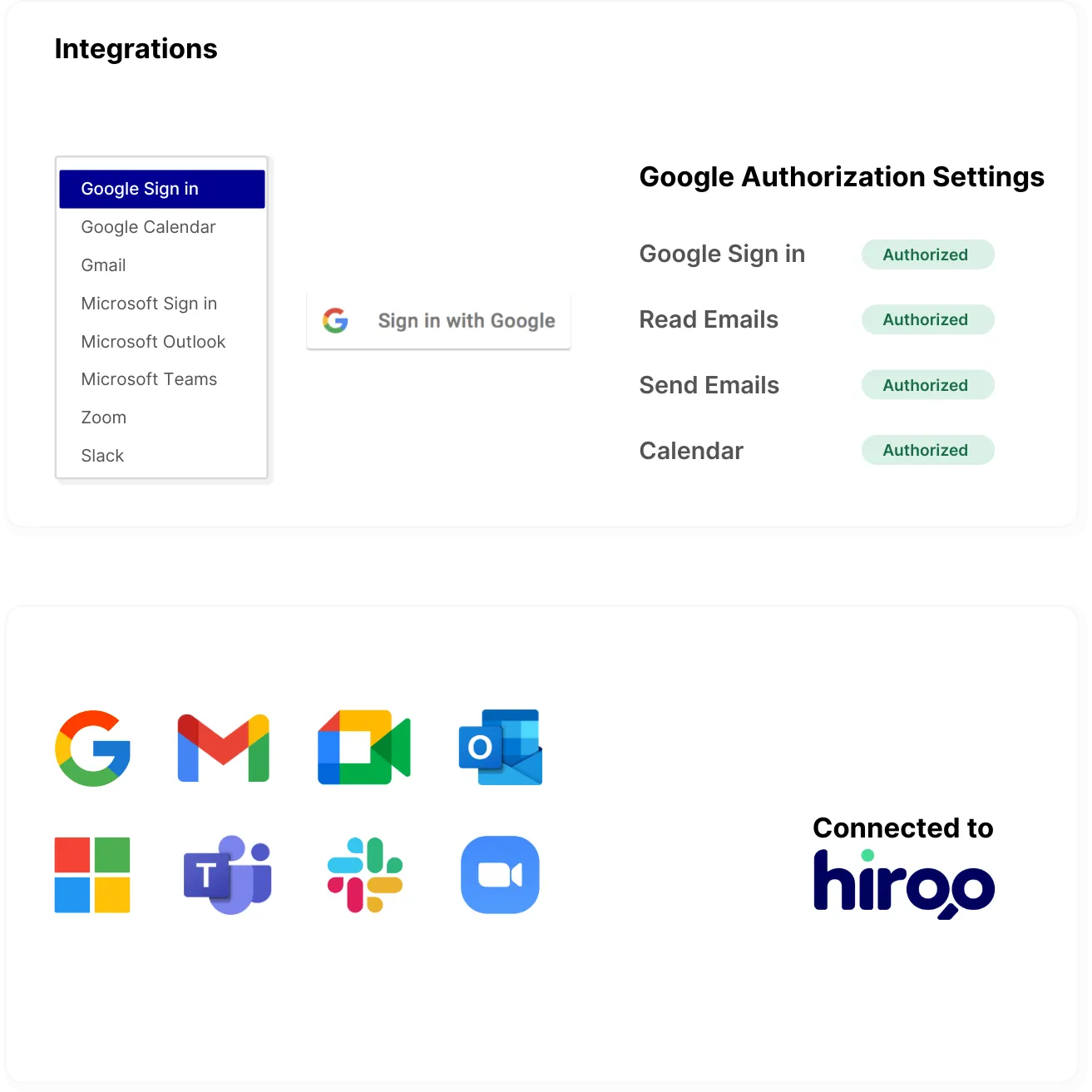 Hiroo integrations connecting Google Workspace, Microsoft 365, Zoom and Teams
