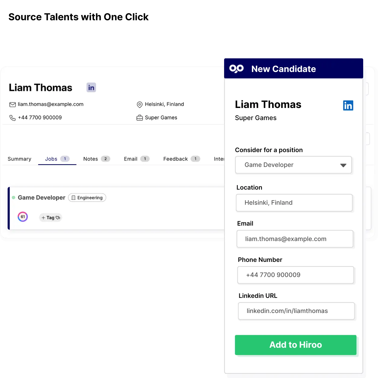Hiroo Chrome extension importing candidate profiles from LinkedIn to ATS
