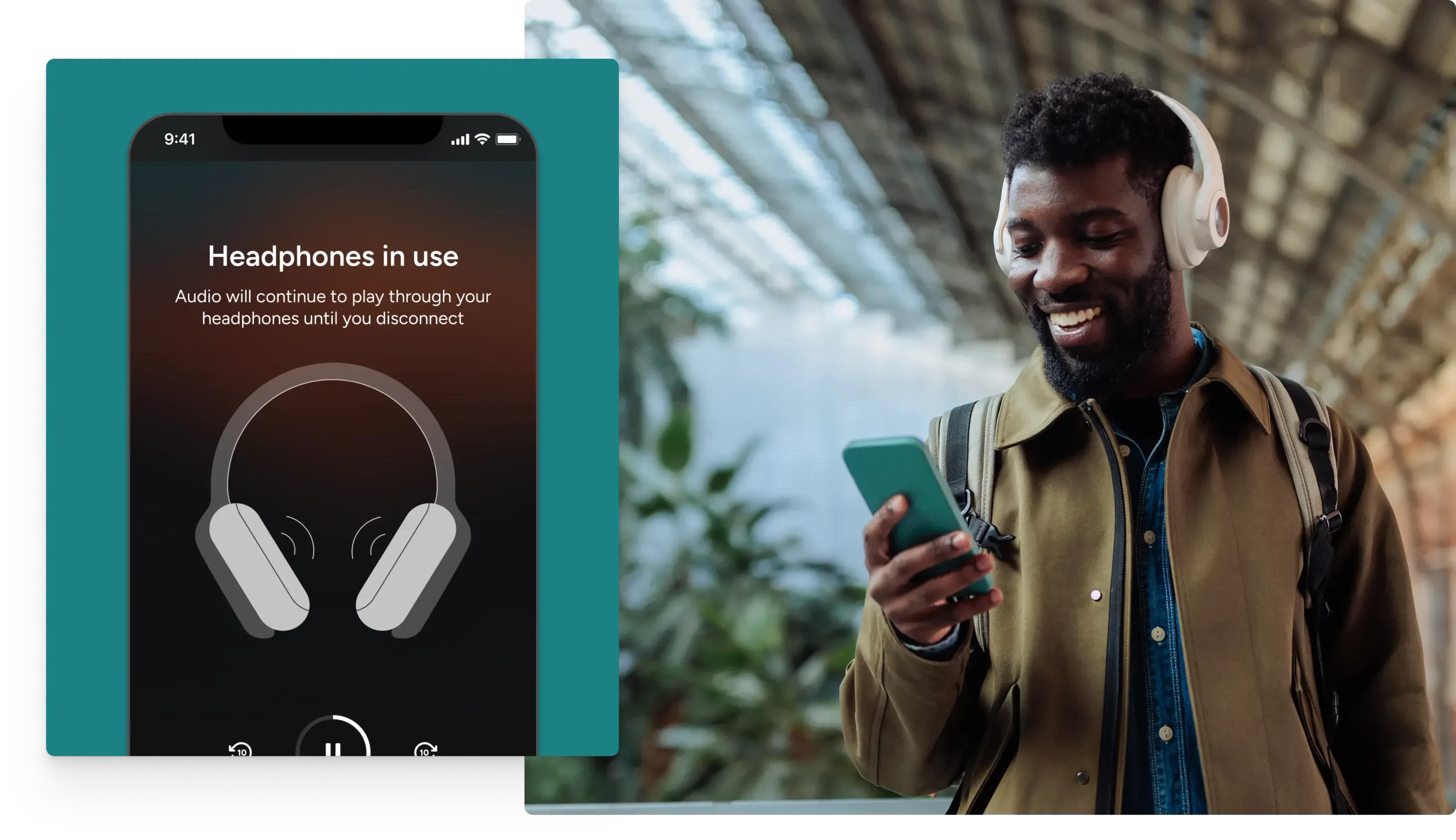 Smartphone screen displaying the message “Headphones in use,” indicating audio is playing through connected headphones. Next to it, a smiling person wearing white headphones looks at their phone in a bright, modern setting.