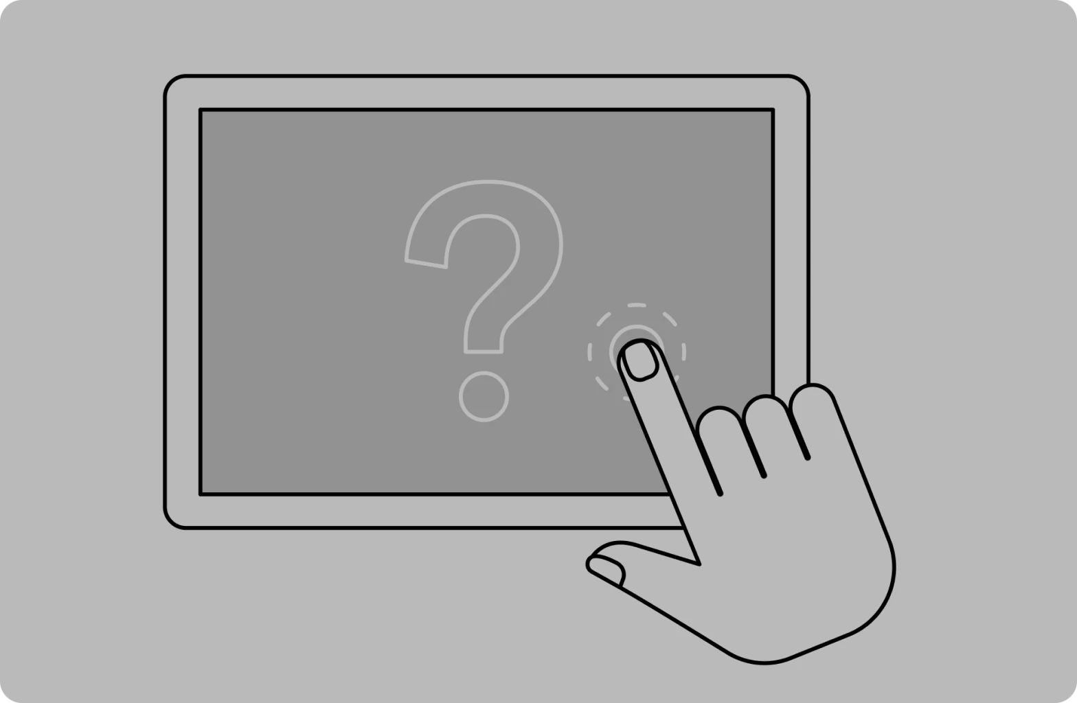 Illustration of a hand tapping a touchscreen with a question mark displayed on the screen, symbolizing curiosity or a prompt for more information.