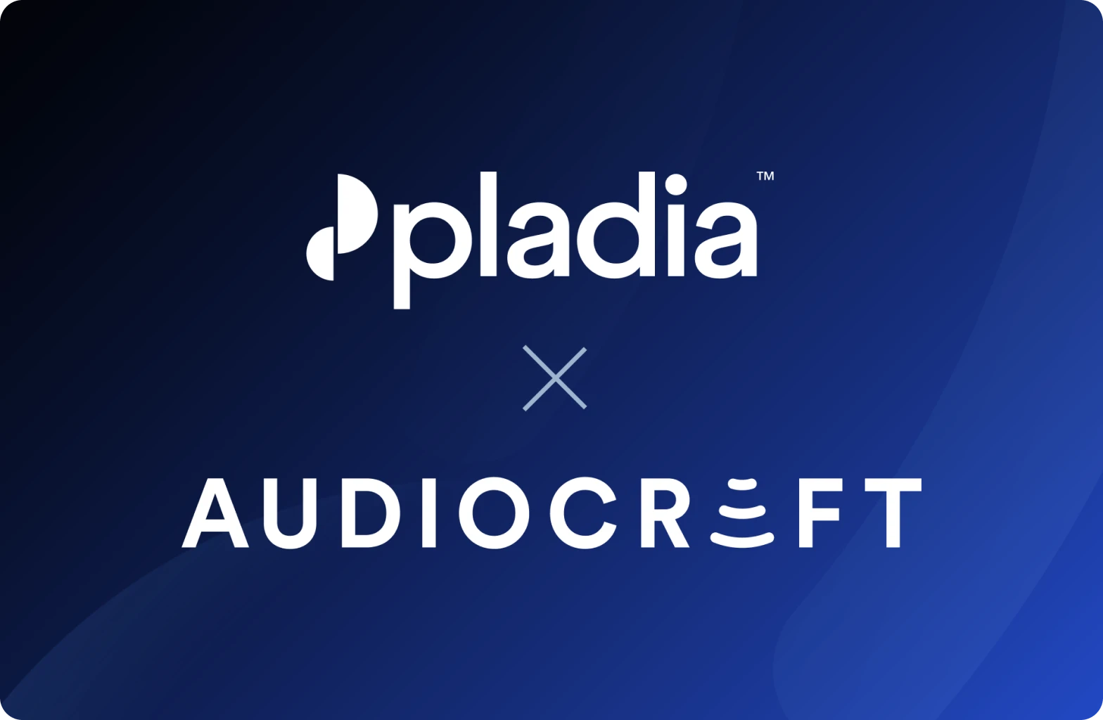 Pladia and Audiocraft logos on a dark blue background, representing their partnership to deliver audio-led experiences for cultural institutions.