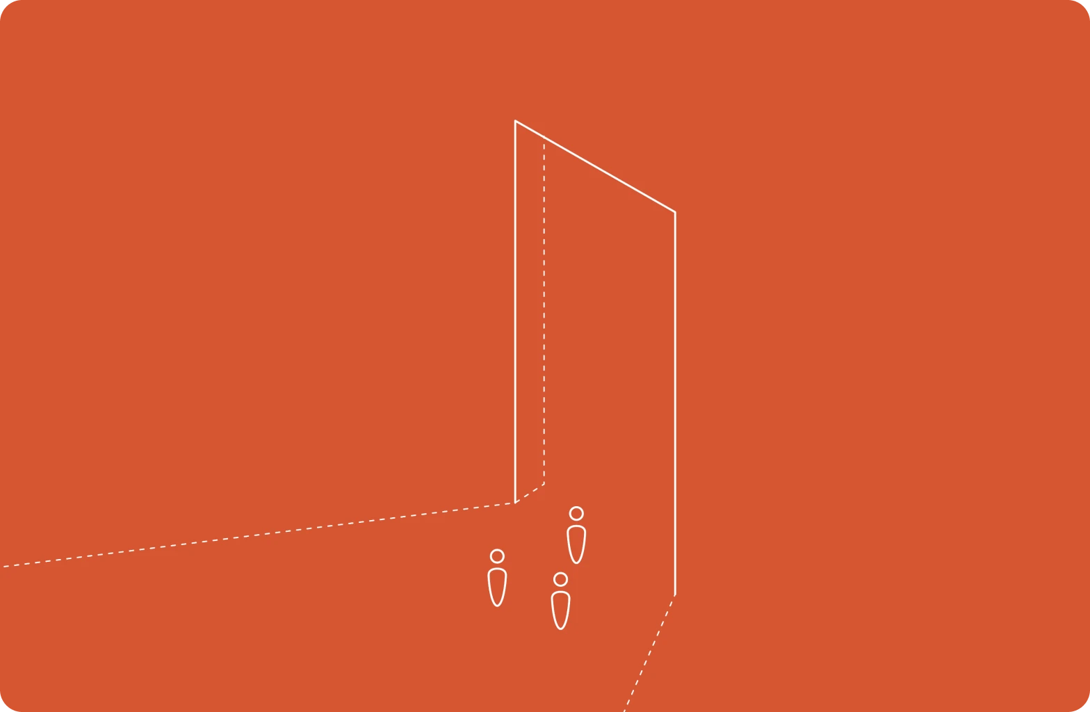 Minimalist illustration of three visitor icons walking through an open doorway, representing the idea that engagement continues beyond the physical exit of a cultural institution.