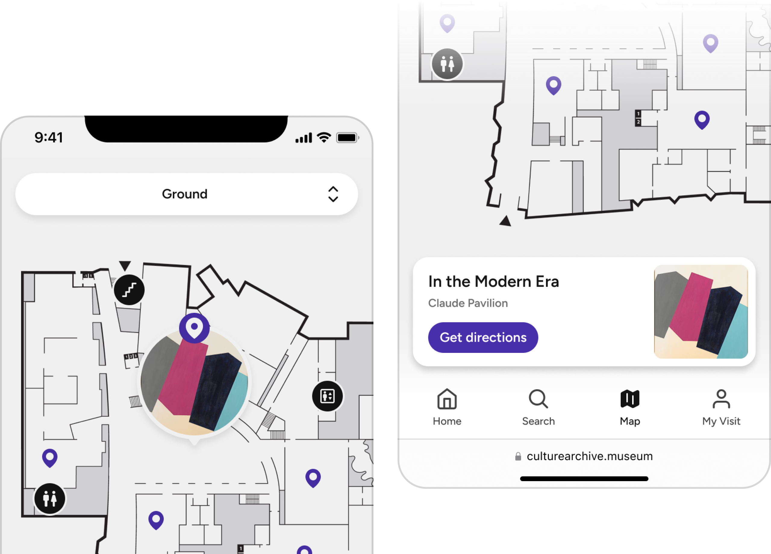 Mobile interface showing a museum floor plan with step-by-step navigation. A highlighted route points to an artwork titled “In the Modern Era” in the Claude Pavilion, with a ‘Get directions’ button for easy visitor guidance.
