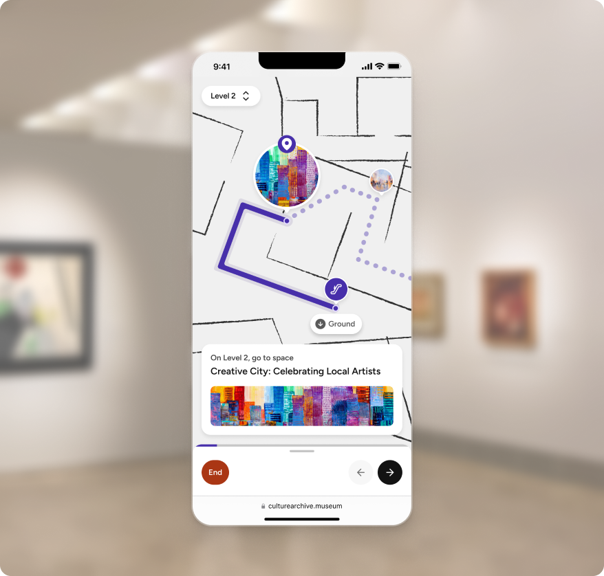 Mobile interface displaying a step-by-step navigation route to the “Creative City: Celebrating Local Artists” exhibition, with clear visual cues and level selection for easy indoor wayfinding.