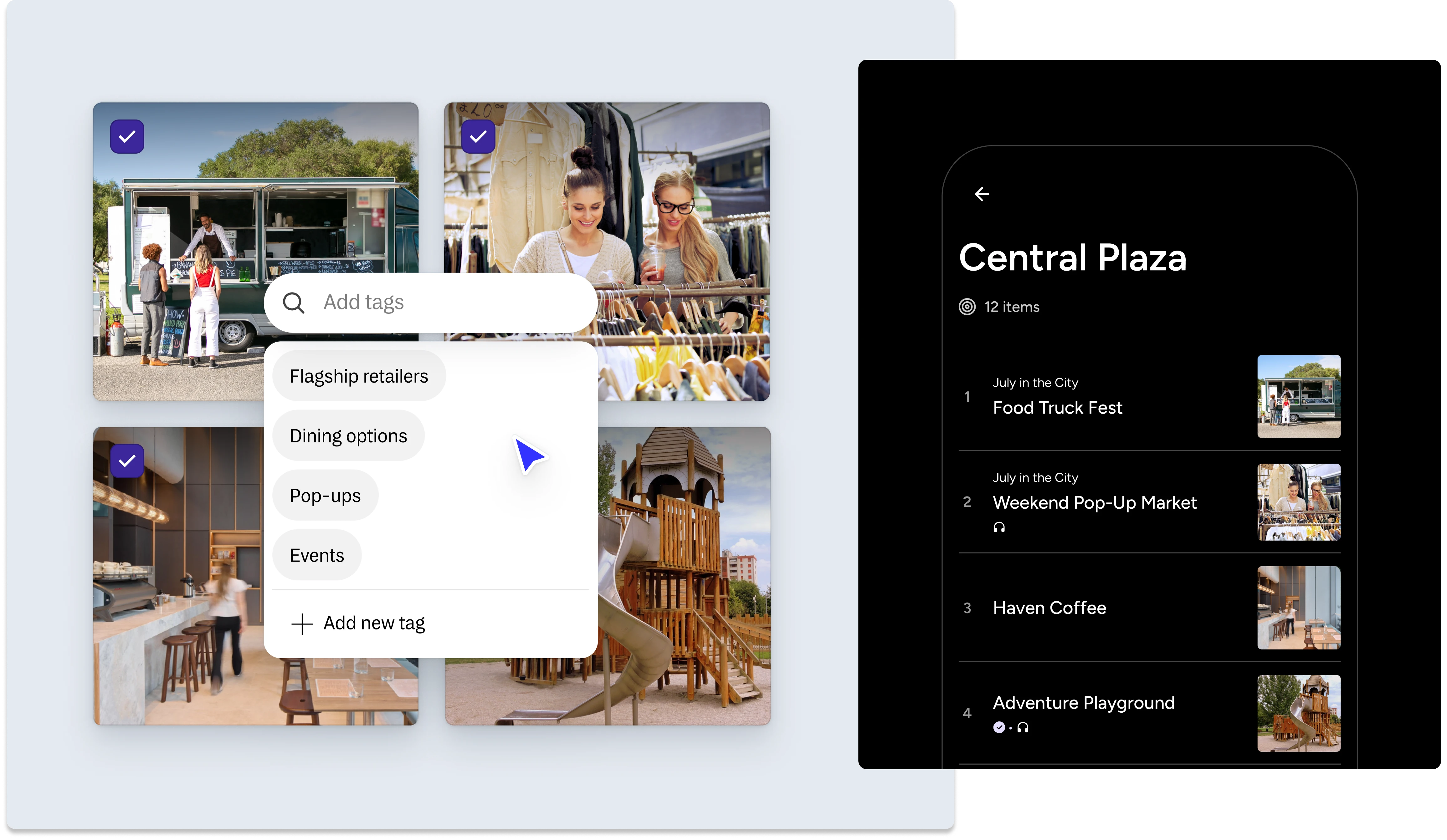 Digital guide for shopping precincts showing Central Plaza space with tagged images of a food truck fest, weekend pop-up market, coffee shop, and family playground, highlighting dining options, events, and local retailers.