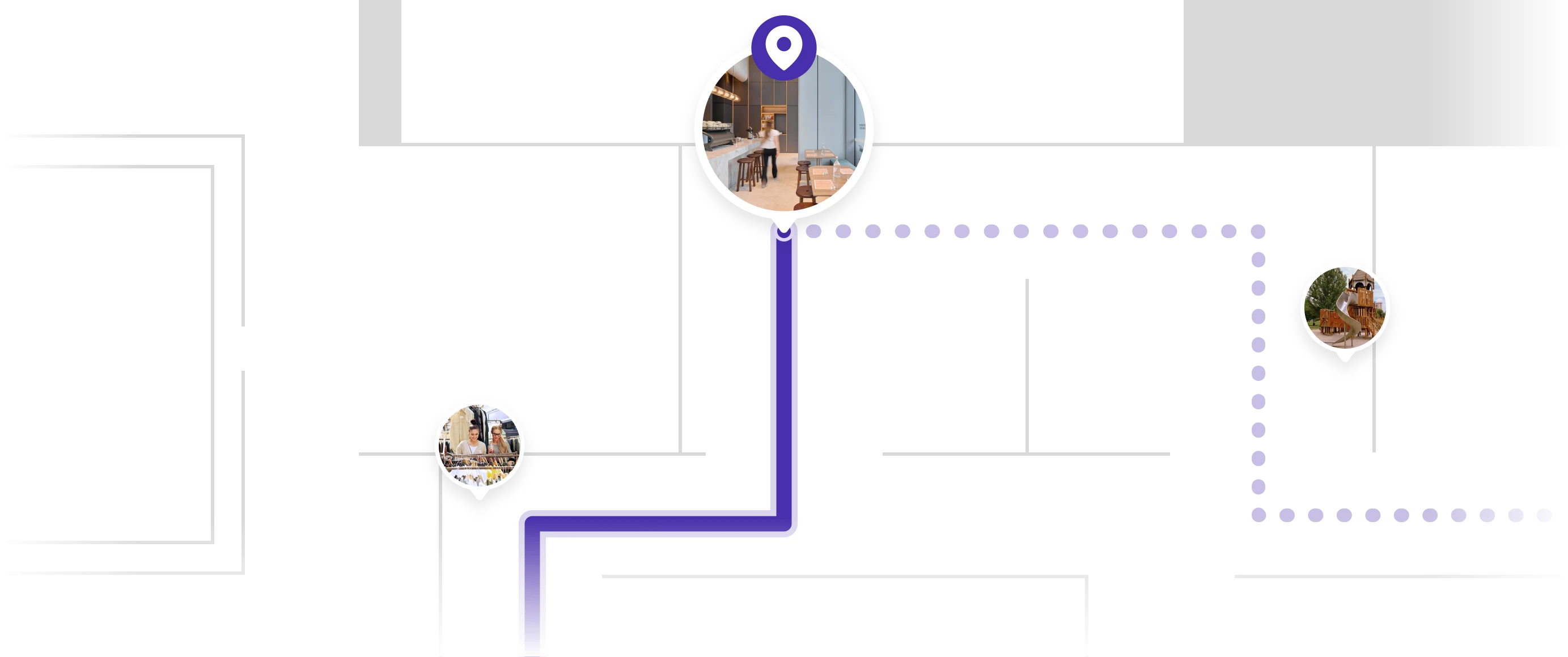 Abstract graphic of Pladia’s Pathways feature showing a mapped route through a shopping precinct, connecting pop-up markets, a café, and a family playground.