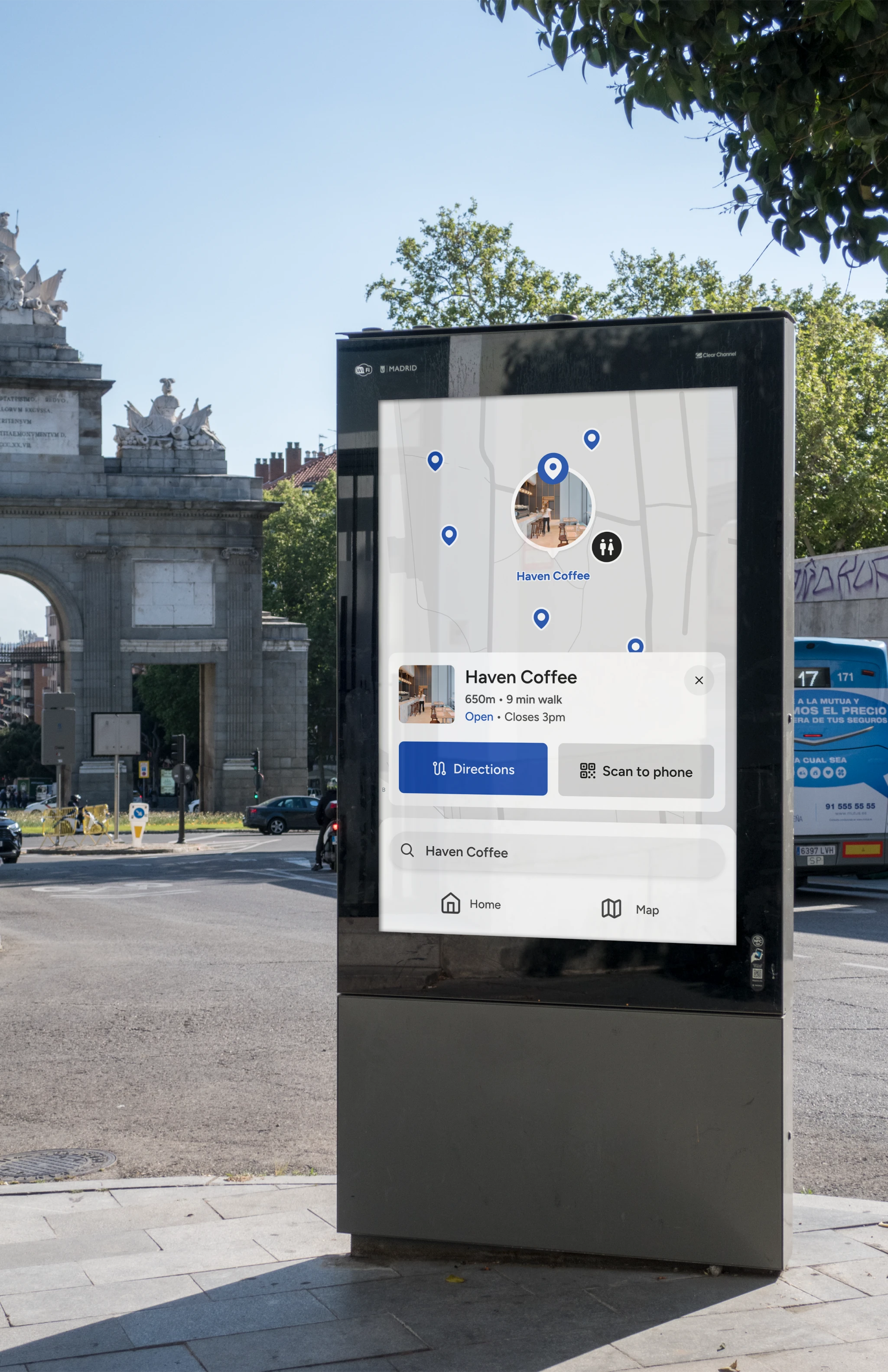 Outdoor interactive kiosk displaying a digital map of a cultural precinct with directions to Haven Coffee and QR code for sending route information to a visitor’s phone