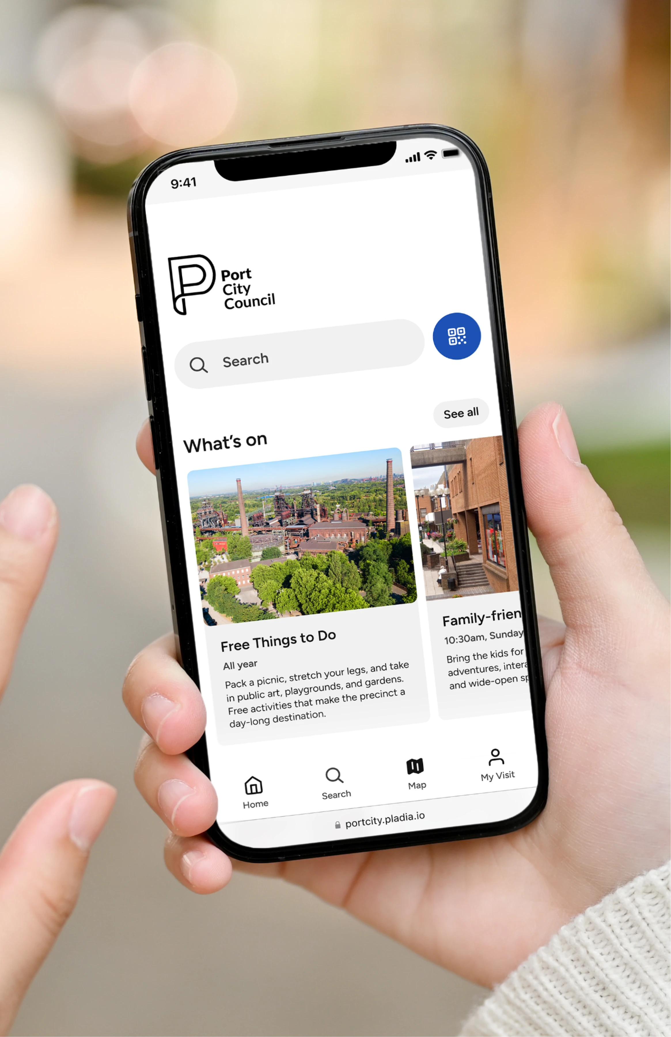 A mobile phone screen displaying a cultural precinct’s ‘What’s On’ guide with free activities and family-friendly events, part of Pladia’s Progressive Web App for visitor information.