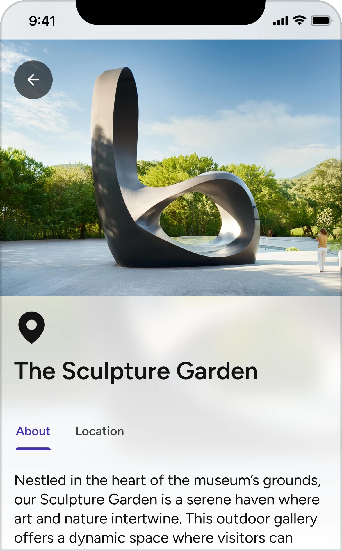 Mobile screen view of a Sculpture Garden digital guide with artwork description and location details, demonstrating Pladia Empower’s storytelling feature for cultural precincts.