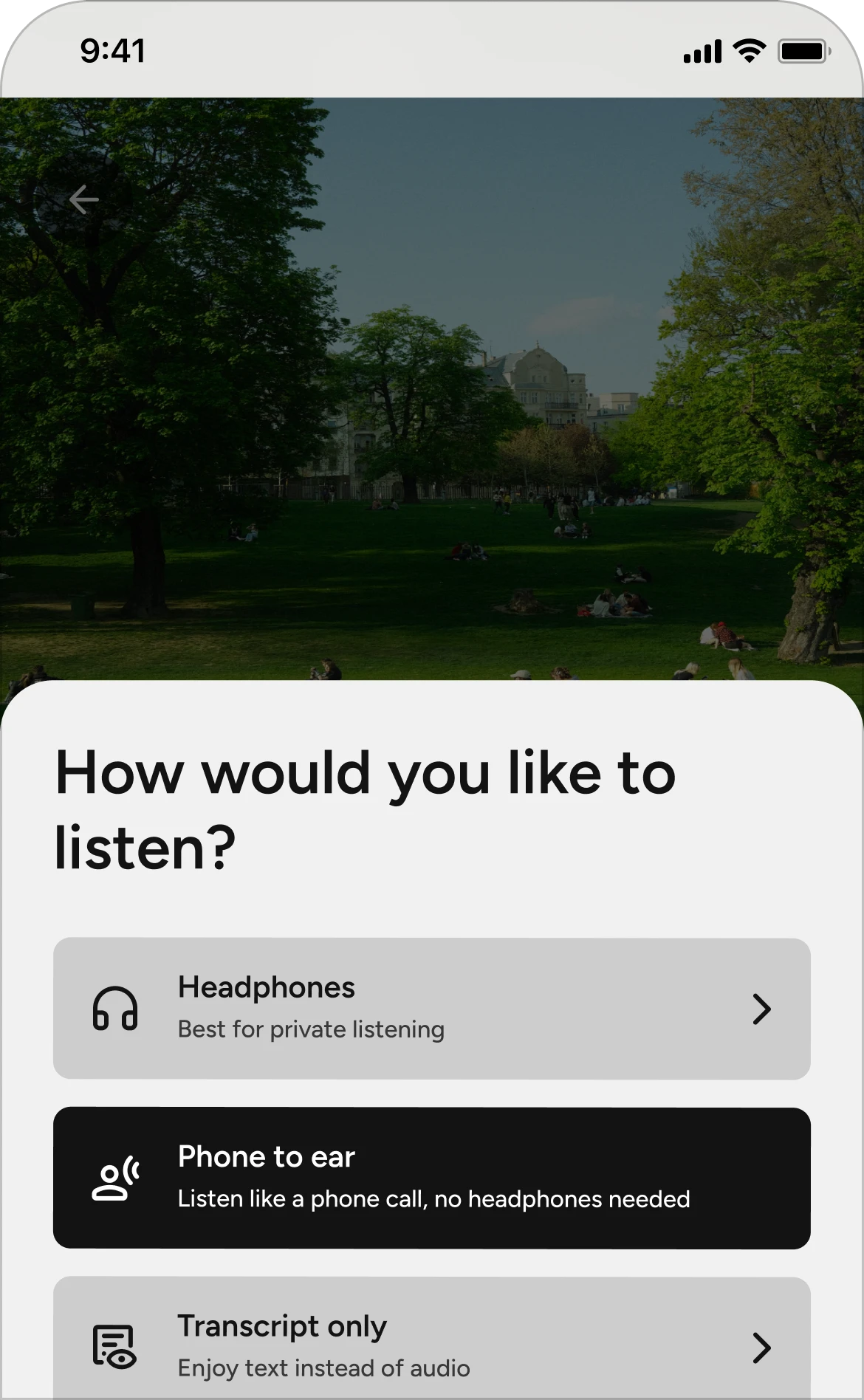 Mobile screen offering audio guide options in a city park, with choices for headphones, phone-to-ear listening, or transcript mode for accessible visitor experiences.