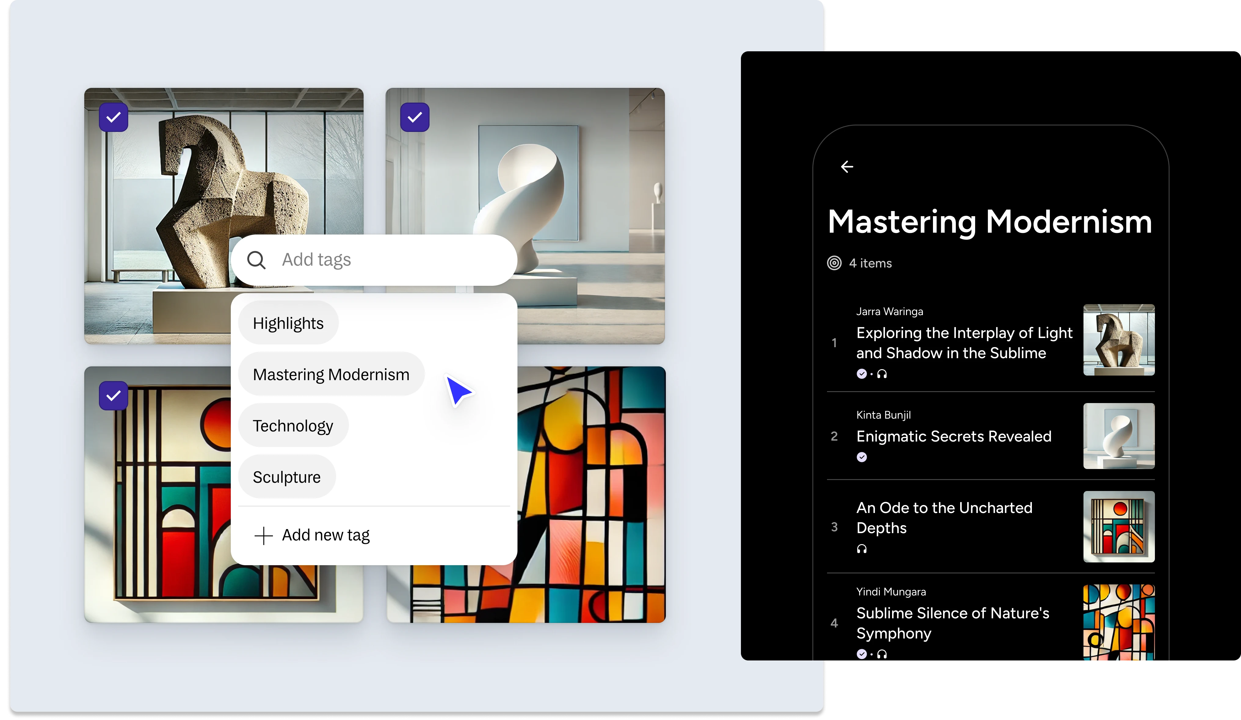 A mobile screen showing a digital art guide with curated collections and thematic tags, allowing visitors to explore sculptures, paintings, and installations through multimedia content.