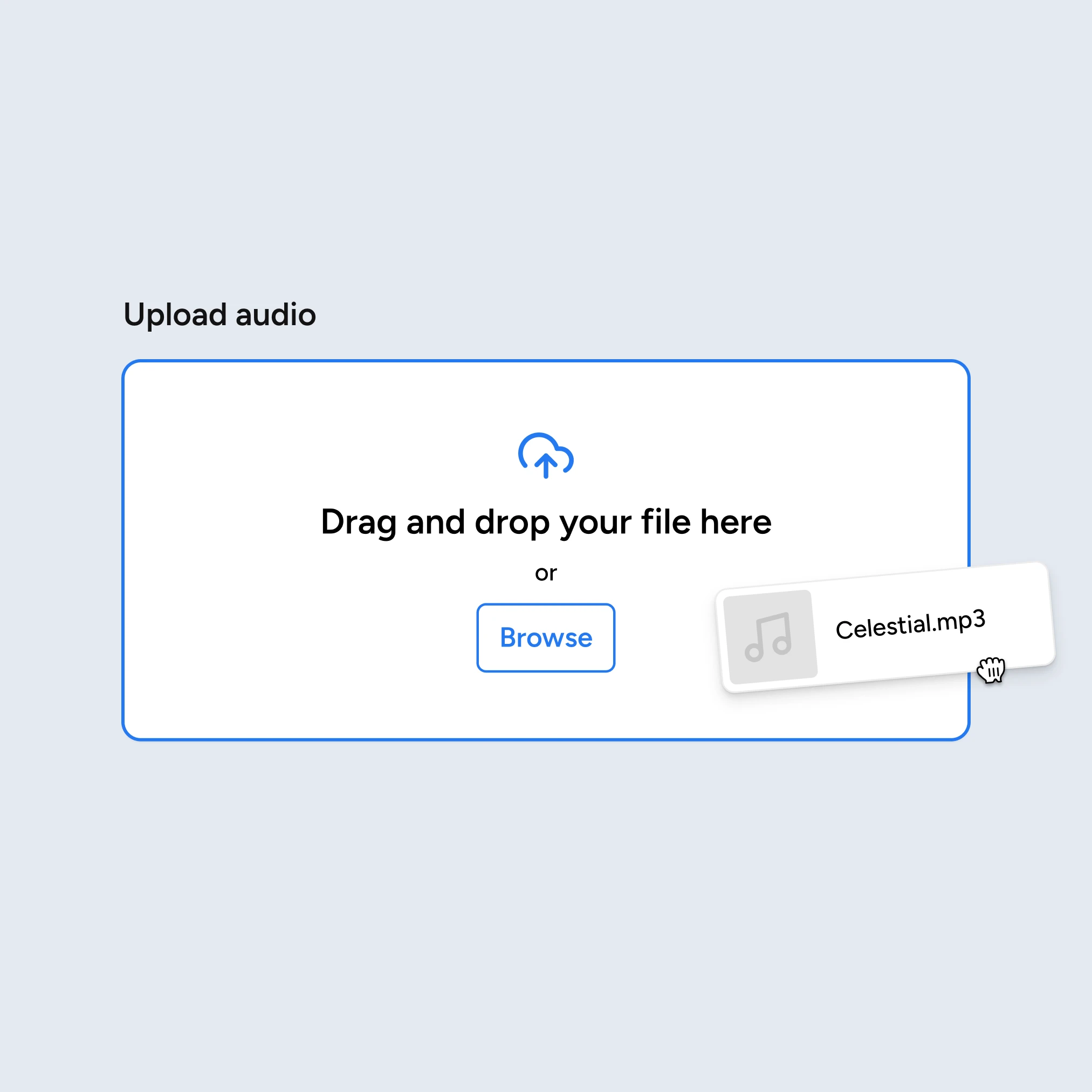 Upload audio screen showing a drag-and-drop interface with a user adding a file named ‘Celestial.mp3’