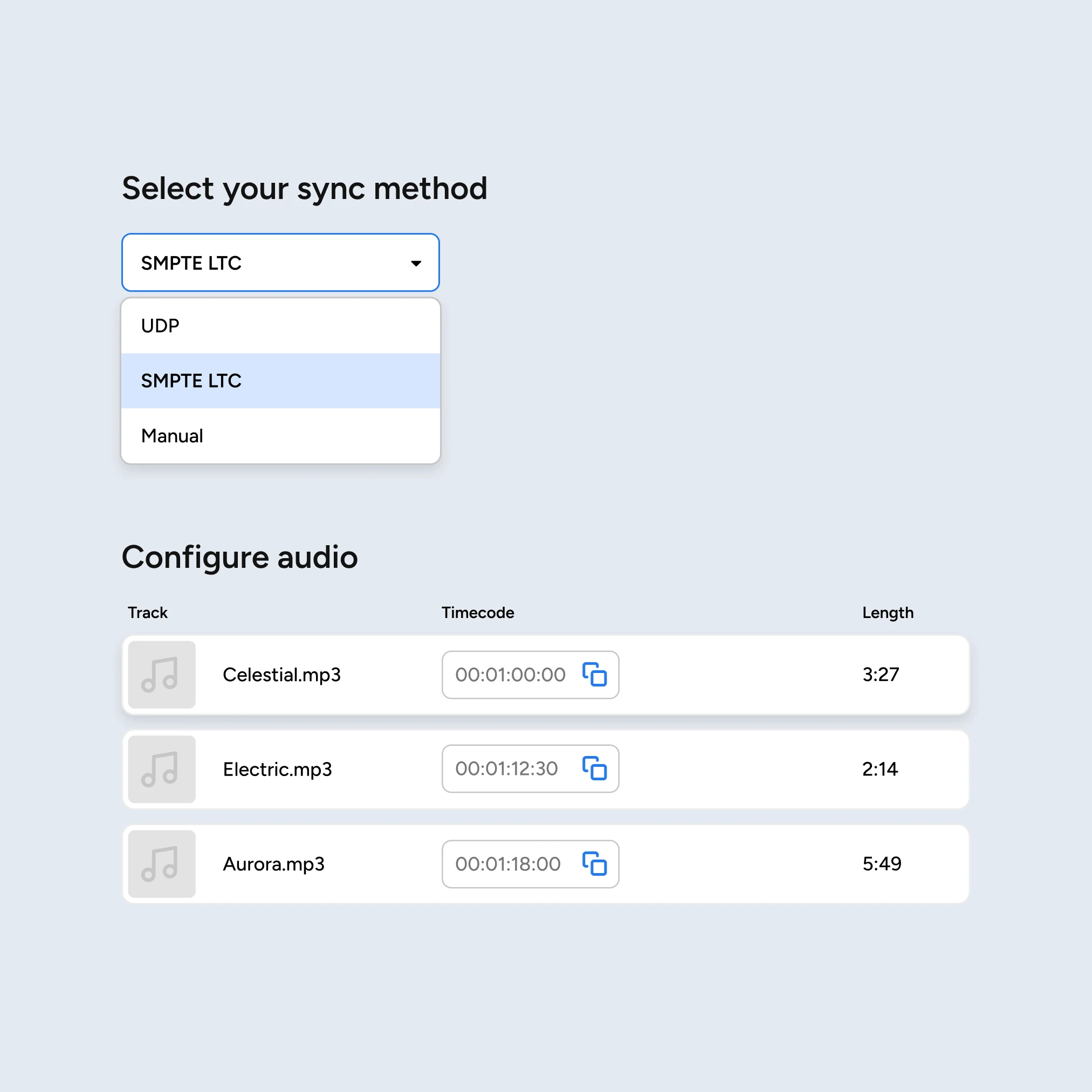 Interface for selecting sync method (SMPTE LTC, UDP, or Manual), and configuring timecodes for three audio tracks: ‘Celestial.mp3’, ‘Electric.mp3’, and ‘Aurora.mp3’.