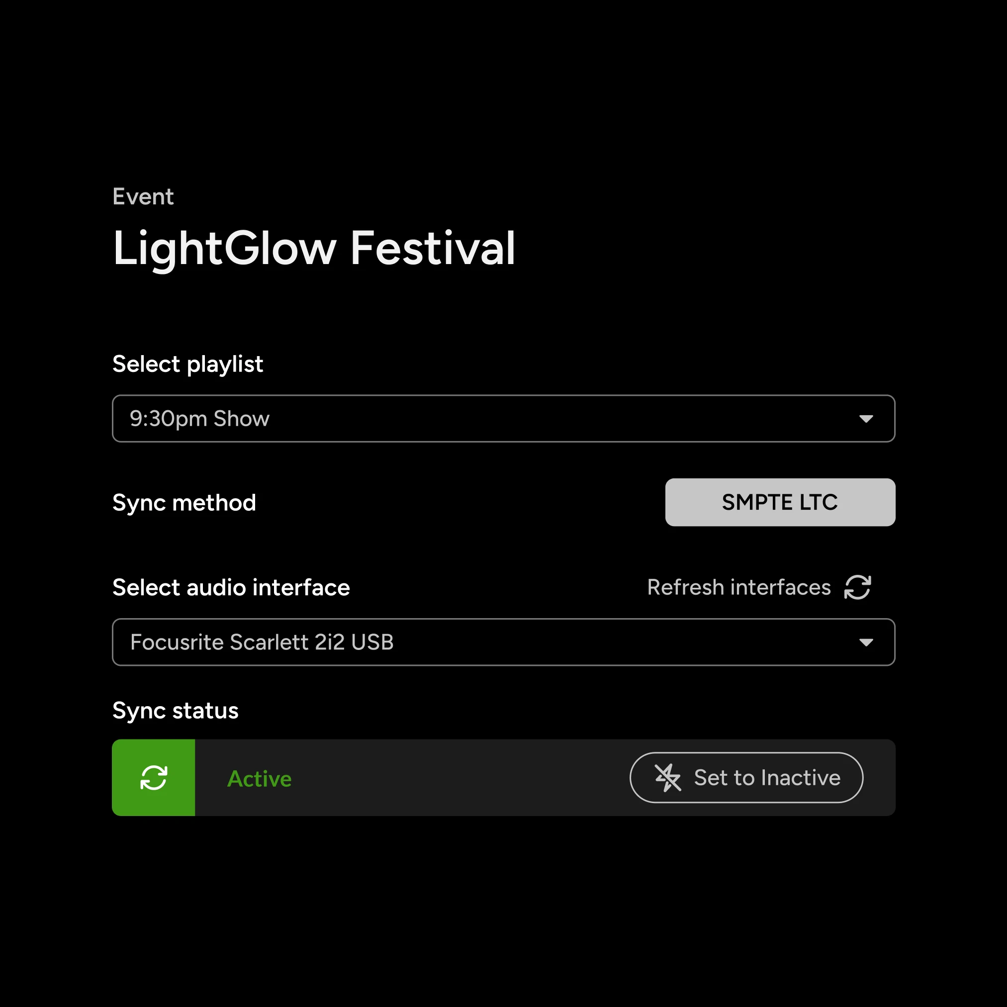 Desktop App interface for an event called ‘LightGlow Festival’, showing playlist selection, sync method set to SMPTE LTC, audio interface selection, and active sync status