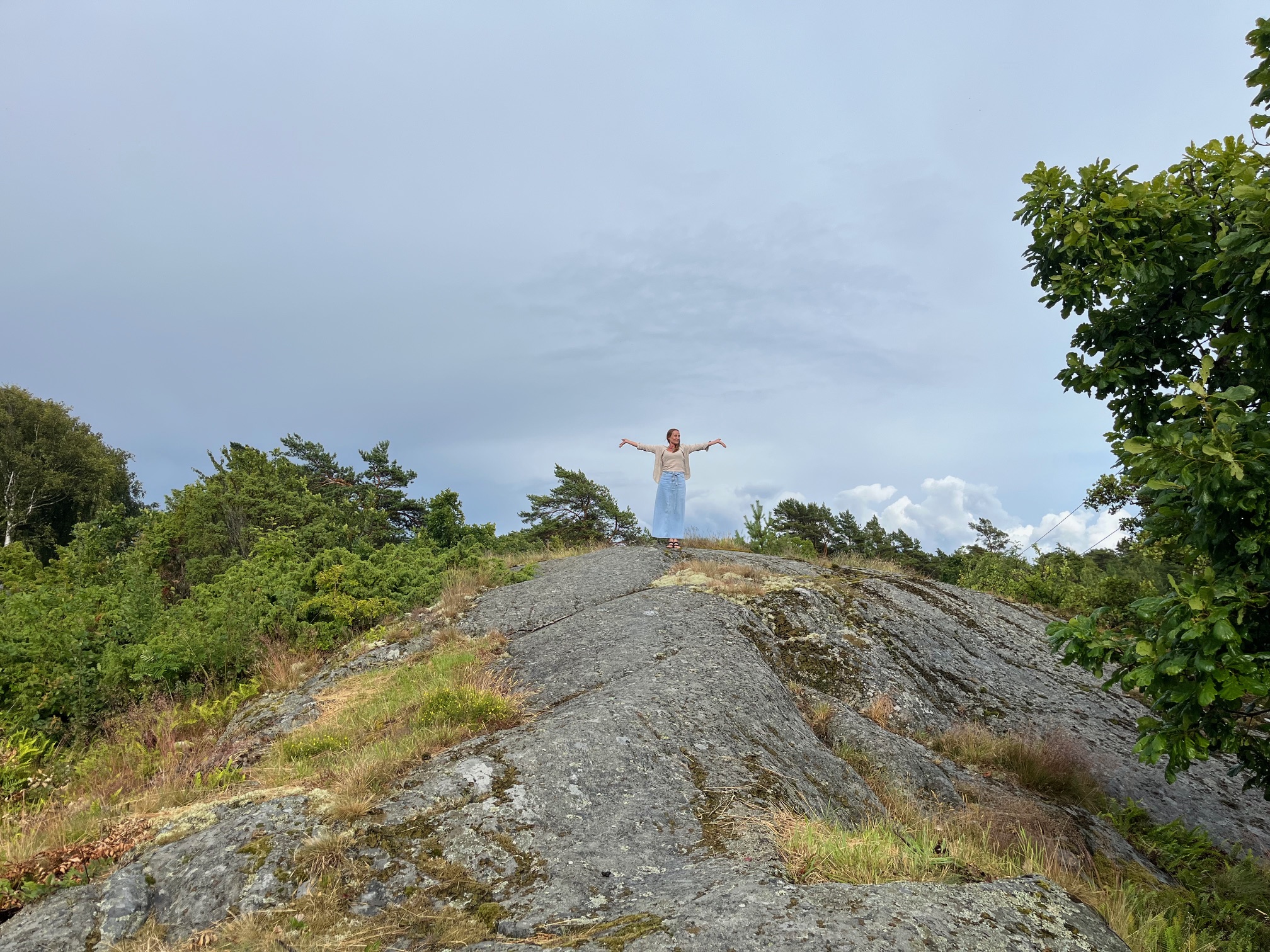 Landskapsbilde med himmel, trær og svaberg og en dame med skjørt står øverst og strekker armene opp. 
