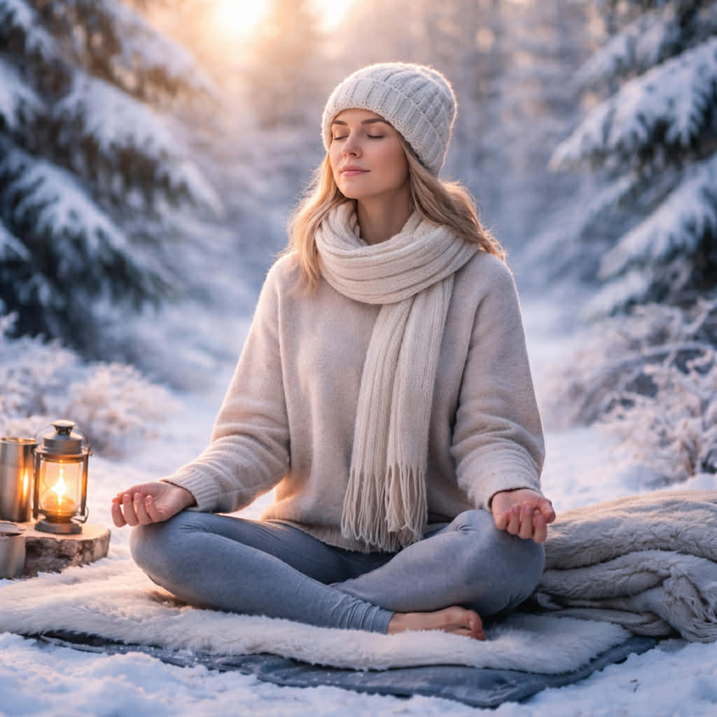 Dame sitter i snøen og mediterer