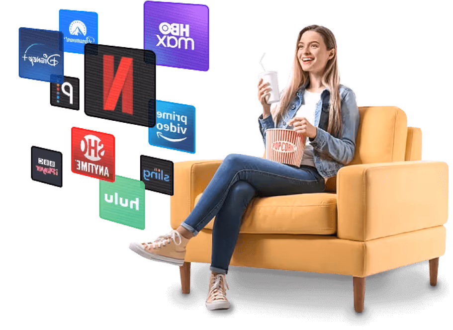 Woman sitting on sofa with non-local streaming services logos in front of her. She's able to watch these services with ease