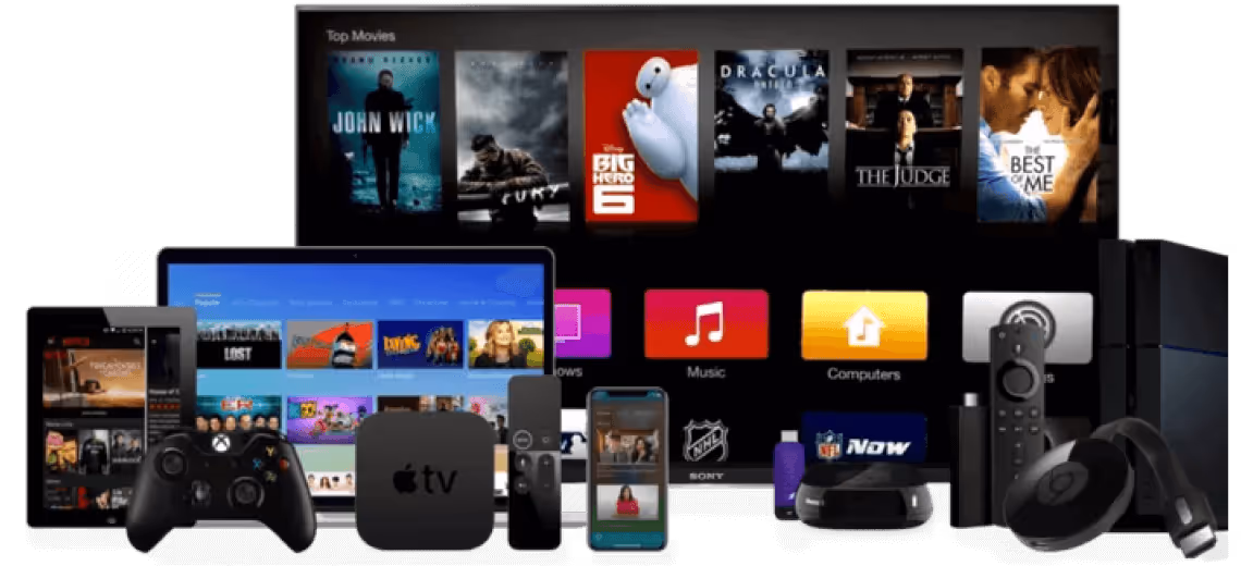 Different streaming devices displayed, including smart tv's, streaming sticks, tablets, phones, etc. StreamLocator works on everything.