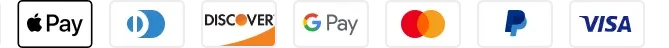 Payment method logos including Visa, Mastercard, PayPal, Apple Pay, Google Pay, Diners Club, Discover and more.