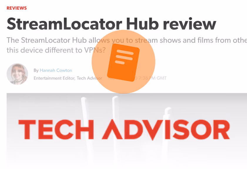 Headline of a review article titled 'StreamLocator Hub review' with a subheading about streaming shows and films, authored by Hannah Cowton, displayed above the Tech Advisor logo.