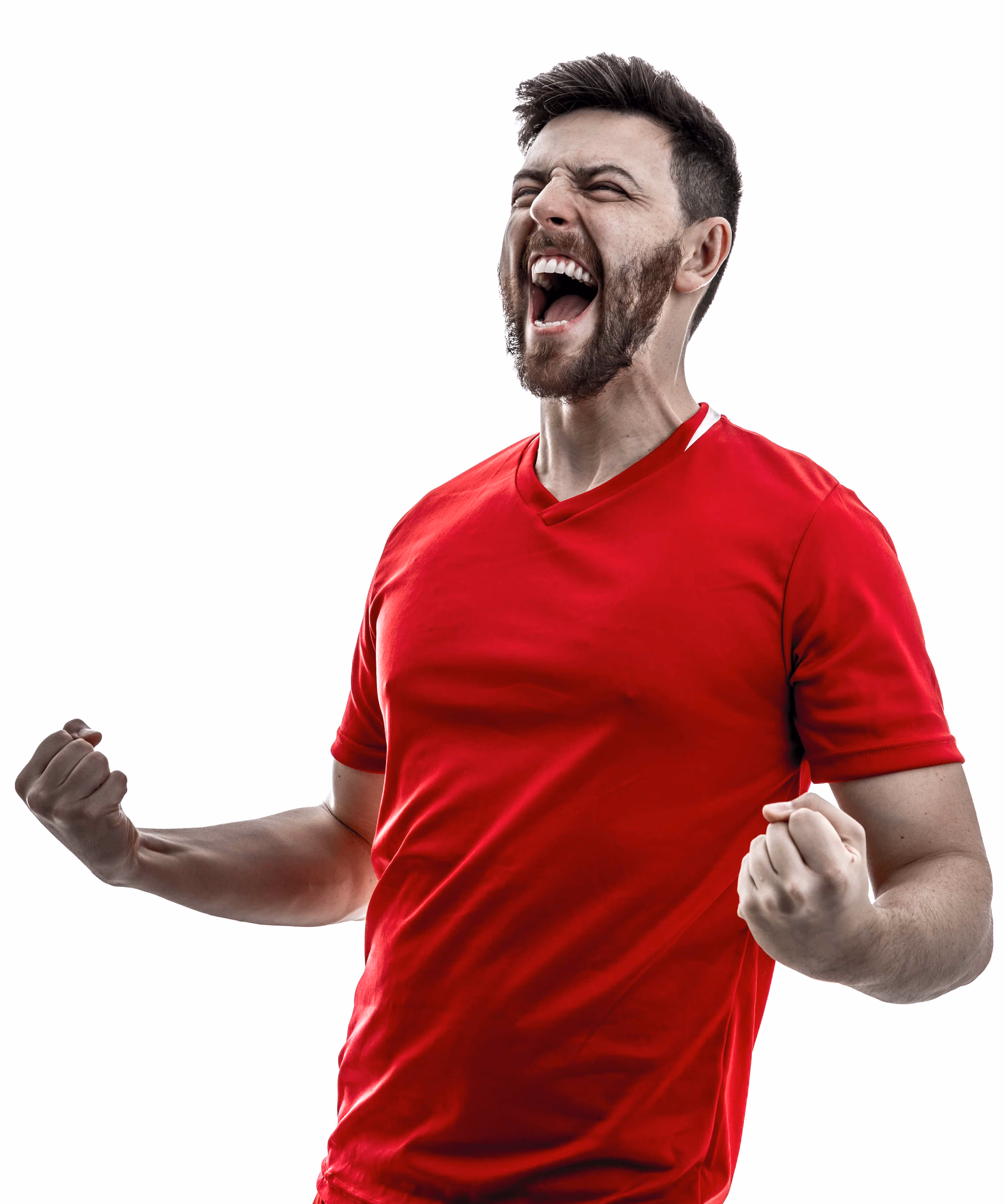 Excited man in red shirt cheering with clenched fists and mouth open.