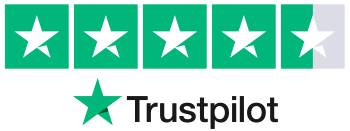 Trustpilot logo below a 4.5 rating with four stars fully colored and one star partially shaded.