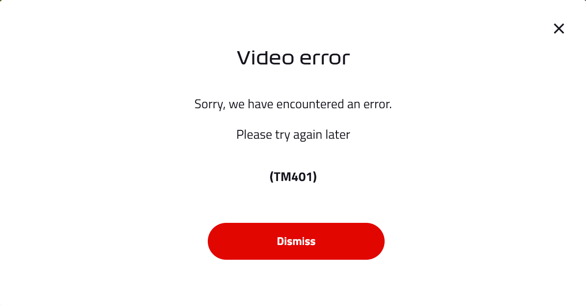 F1 TV video error dialog reading 'Sorry, we have encountered an error. Please try again later' with error code TM401.
