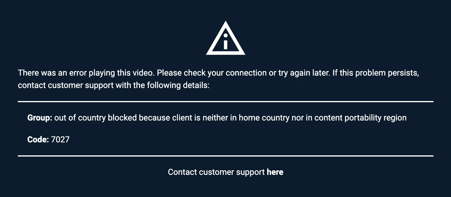 NBA League Pass playback error reading 'There was an error playing this video', with Group: out of country blocked because client is neither in home country nor in content portability region, and Code: 7027.