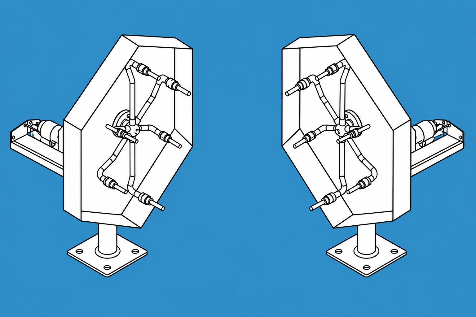 Symmetrical mechanical devices with complex piping mounted on bases against a blue background. Wheel cannons to clean rims and tires