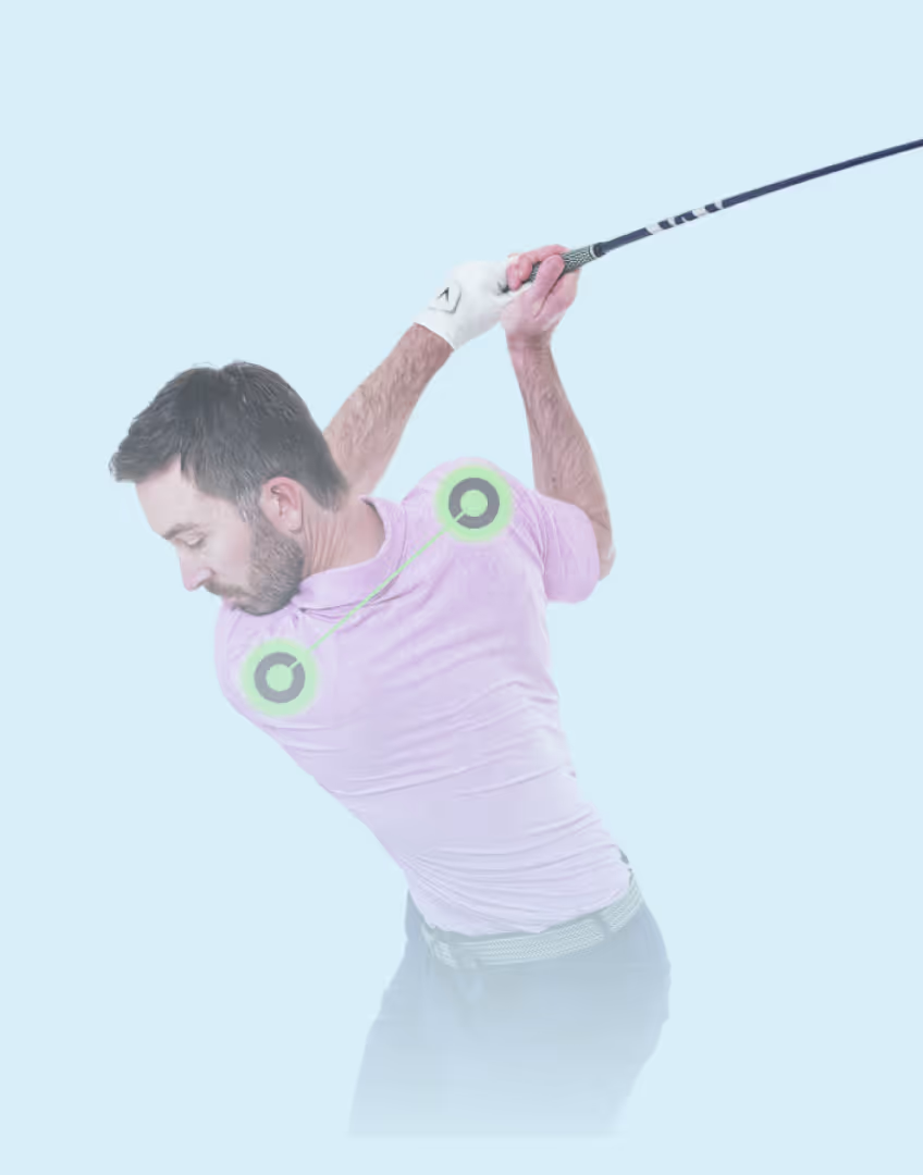 Male golfer mid-backswing showing shoulder rotation tracking.