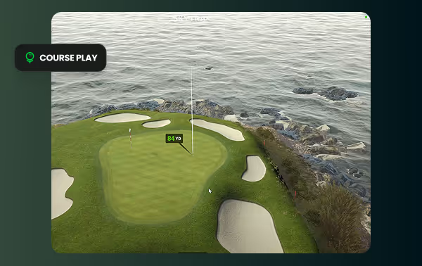 Golf course play graphic showing hole layout with water hazards and bunkers surrounding the green.