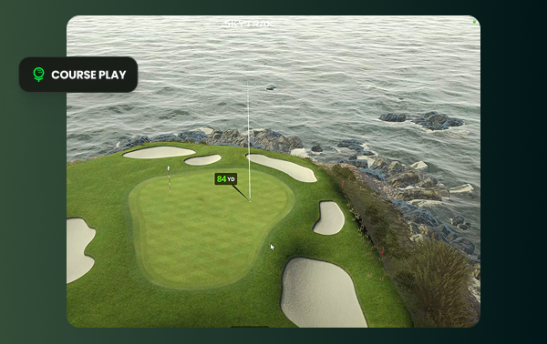 Golf course play graphic showing hole layout with water hazards and bunkers surrounding the green.