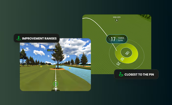 Side-by-side golf simulator images showing closest-to-the-pin results and yardage measurements.