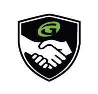 Black shield emblem with a green letter G above a handshake illustration inside.