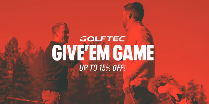 Two men exchanging a playful fist bump outdoors, overlaid with text 'GOLFTEC GIVE'EM GAME UP TO 15% OFF!'