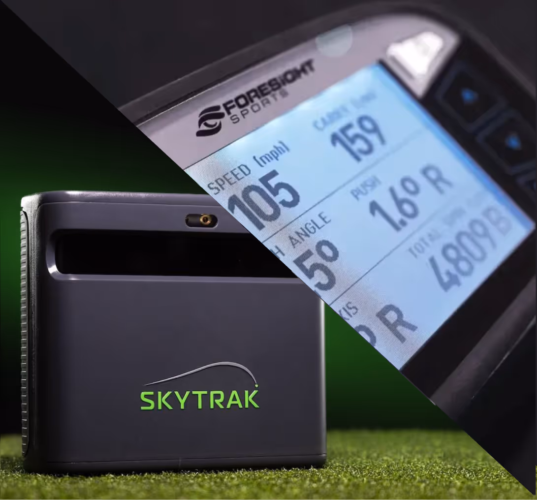 SkyTrak golf launch monitor on grass with a split overlay showing Foresight Sports device screen displaying golf shot data including speed, carry distance, and launch angle.